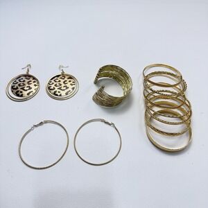 Gold Tone Fashion Jewerly Lot - Leopard Print Earrings, Hoop Earrings, Bangles